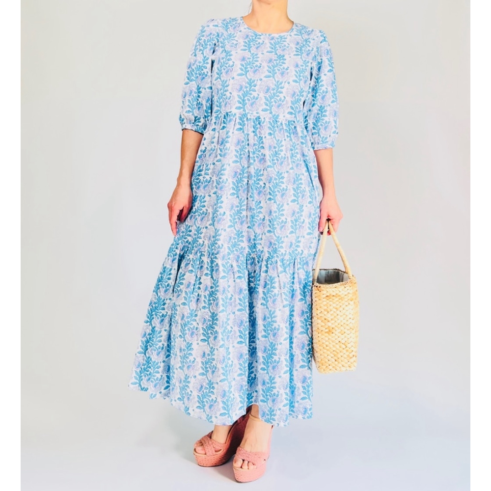 ZS BLOCKPRINTS Women's Floral Print Maxi Dress Size S Blue White - Picture 11 of 17